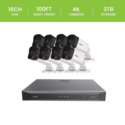 Ultra Commercial Grade 16-Channel 4K 3TB Smart NVR Surveillance System with (8) 4K 8MP Indoor/Outdoor Bullet Cameras