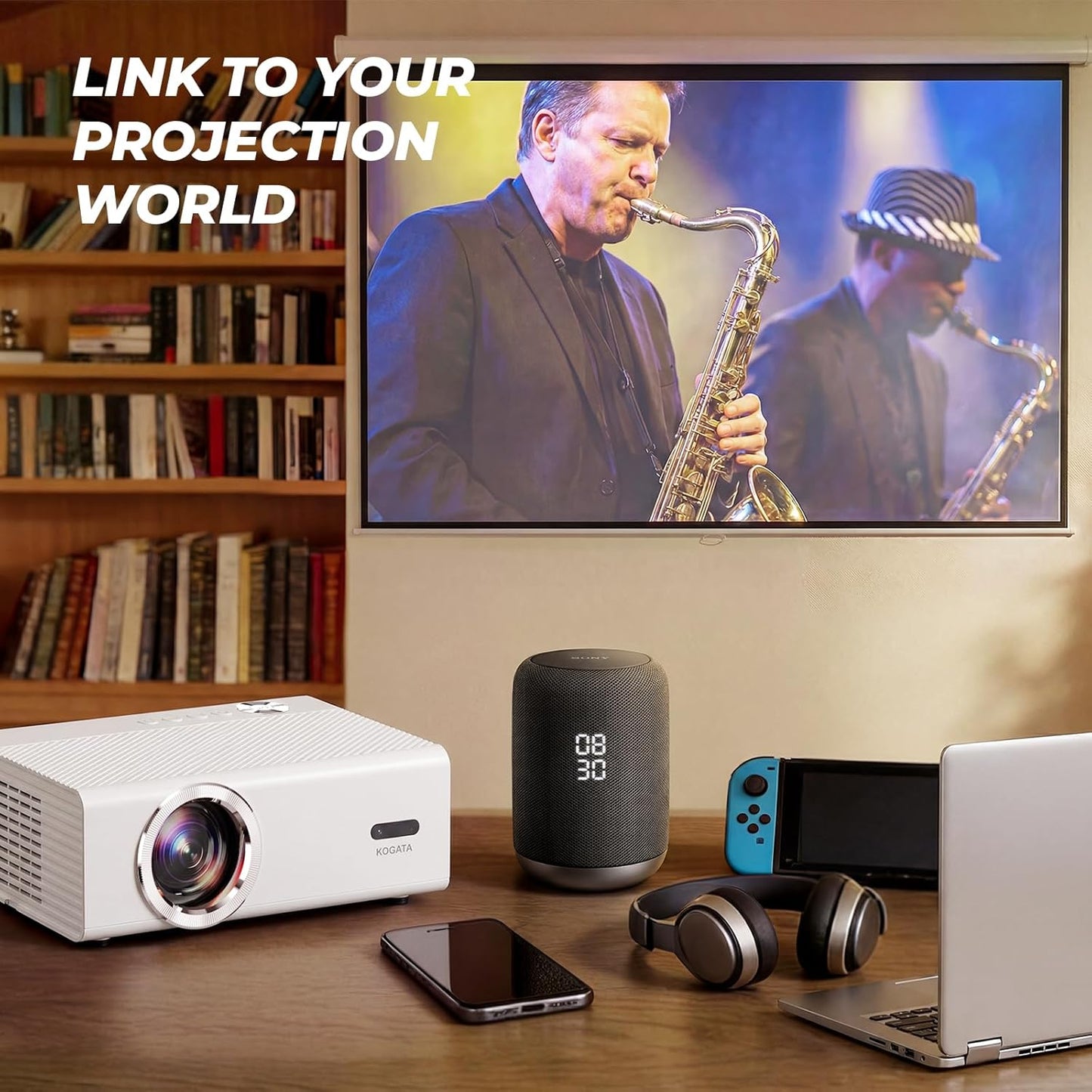 Smart Projector with Wifi and Bluetooth, Proyector-4K Support Official Licensed Apps, 2000 ANSI/AI Auto Focus/50W Dolby/Hdr10+/Quiet,  Portable Indoor/Outdoor Movie Projector Ceiling