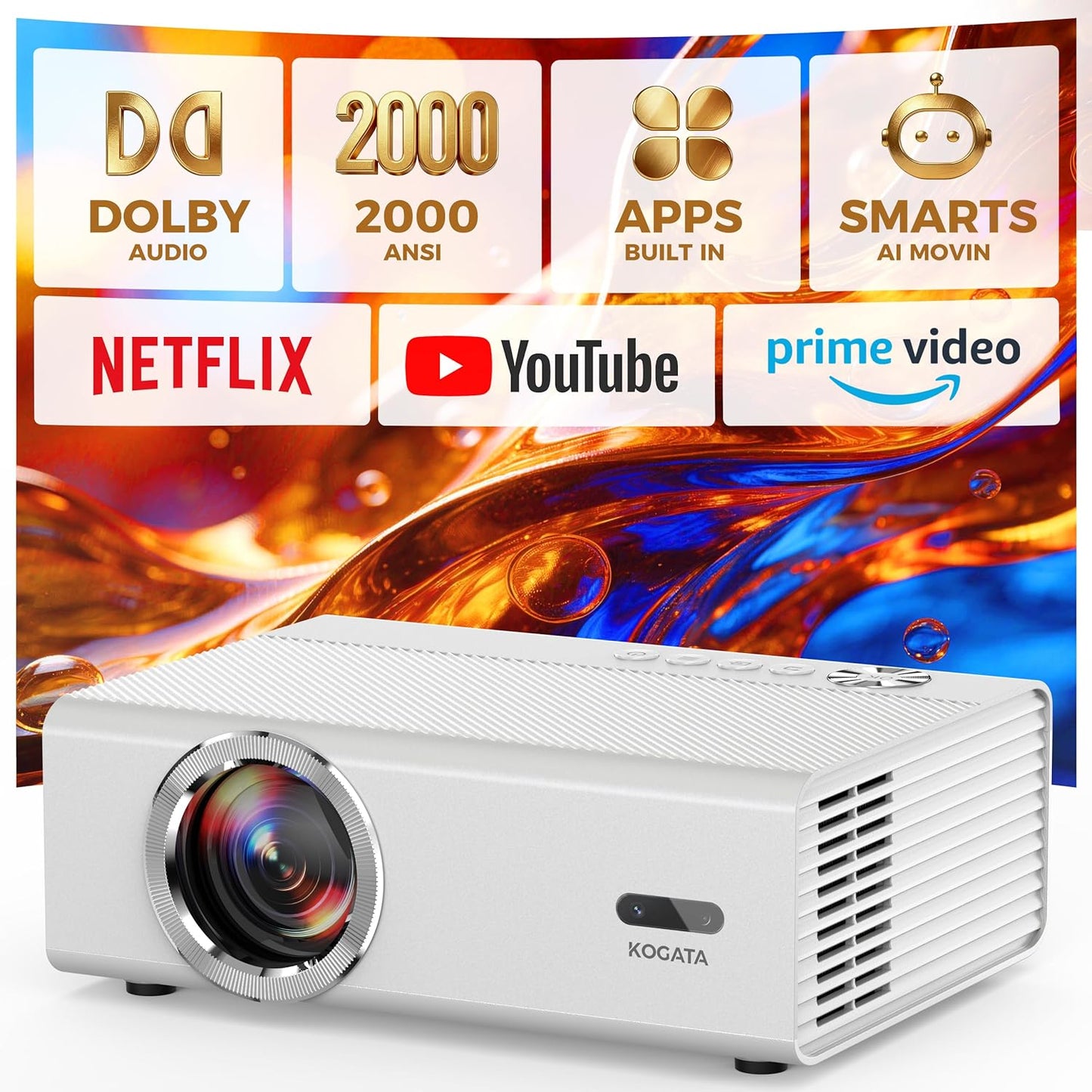 Smart Projector with Wifi and Bluetooth, Proyector-4K Support Official Licensed Apps, 2000 ANSI/AI Auto Focus/50W Dolby/Hdr10+/Quiet,  Portable Indoor/Outdoor Movie Projector Ceiling