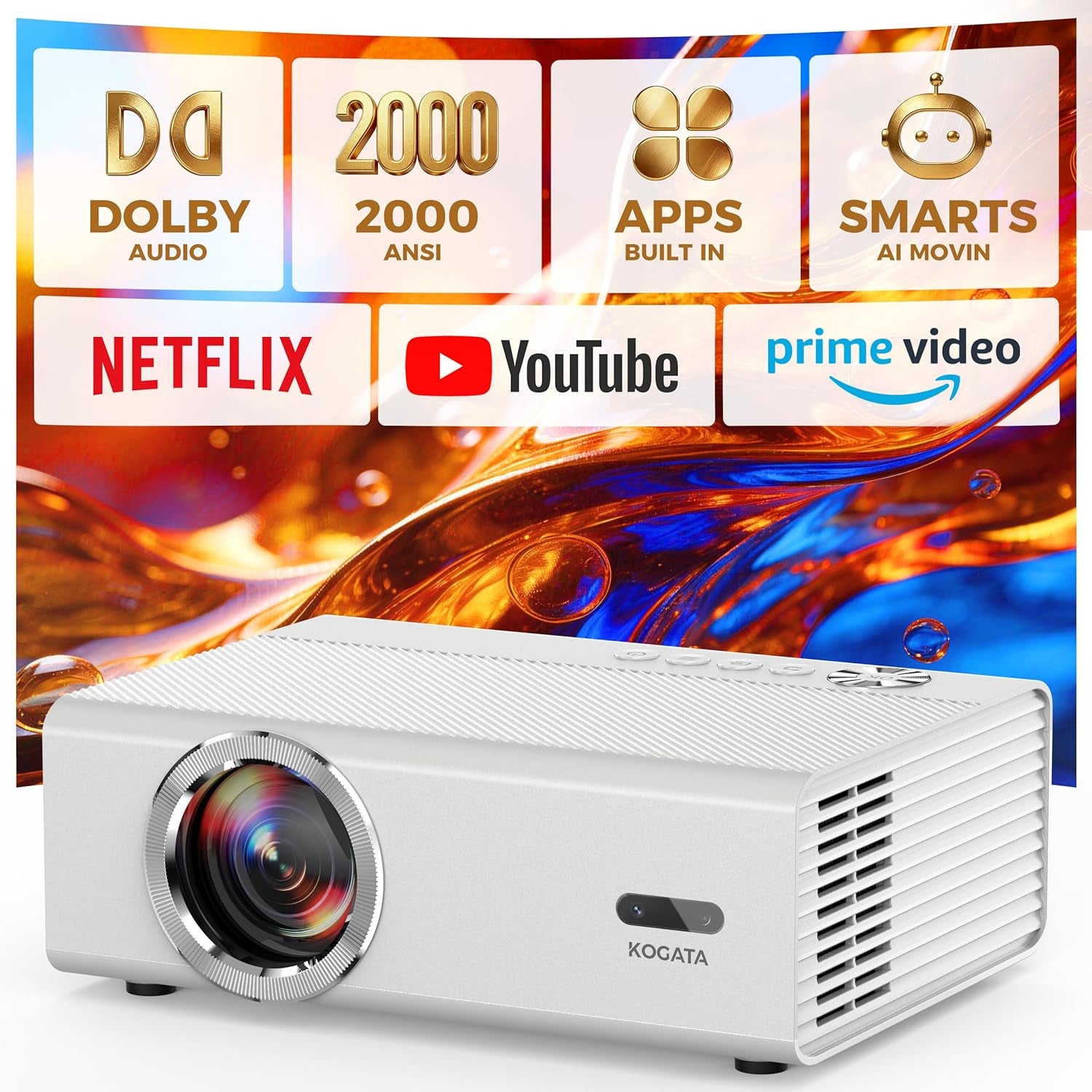 Smart Projector with Wifi and Bluetooth, Proyector-4K Support Official Licensed Apps, 2000 ANSI/AI Auto Focus/50W Dolby/Hdr10+/Quiet,  Portable Indoor/Outdoor Movie Projector Ceiling