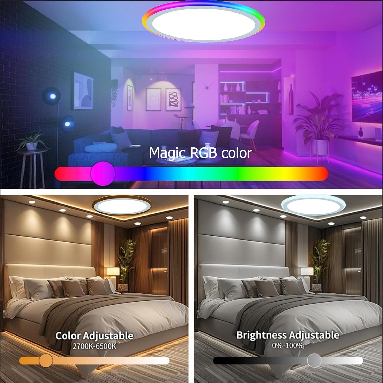 4Pack 13Inch Magic RGB Flush Mount Led Ceiling Light,34W 3400LM Dimmable with Remote Control 3000-6500K+RGB Color Changing Ceiling Light.Surface round Ceiling Lights for Bedroom Living Room (White)