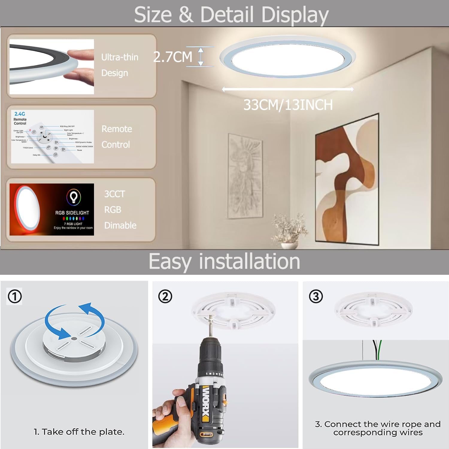 4Pack 13Inch Magic RGB Flush Mount Led Ceiling Light,34W 3400LM Dimmable with Remote Control 3000-6500K+RGB Color Changing Ceiling Light.Surface round Ceiling Lights for Bedroom Living Room (White)