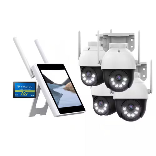 10CH Wifi6 NVR W/10.1 In. Monitor, 1TB Flash Drive and 3Mega Pixel Pan-Tilt Floodlight Cameras Audio Siren (4 Pan-Tilt)