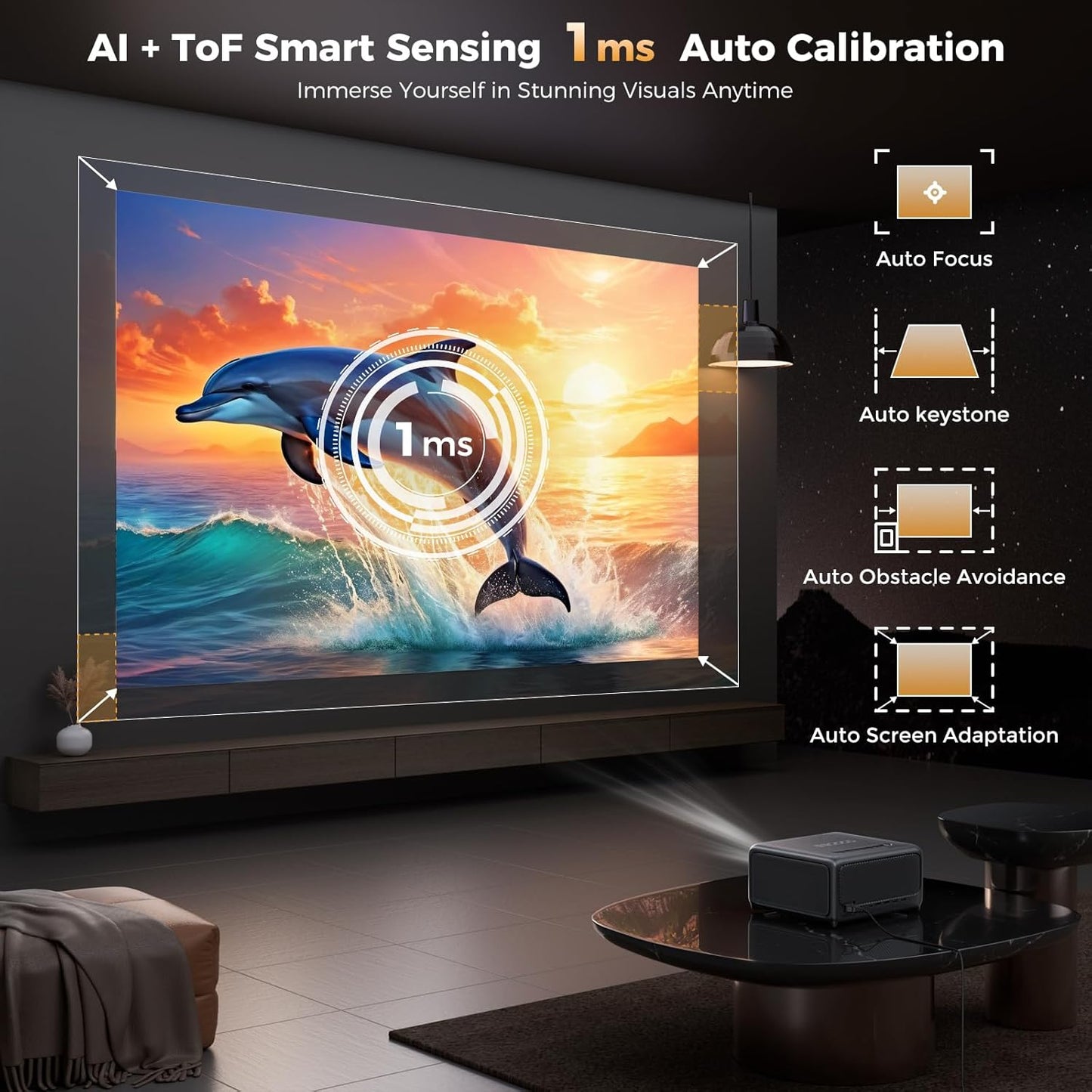 4K Smart Projector with Wifi 6 & Bluetooth - UHD Movie Projector, Tof Auto Focus & Keystone, MEMC, Built-In Streaming Apps, Dolby Audio Home Theater for Outdoor Movie Night & Bedroom Cinema