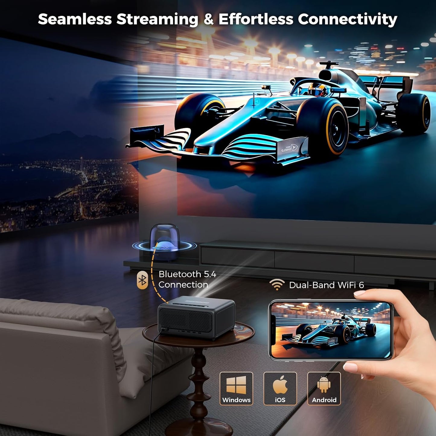 4K Smart Projector with Wifi 6 & Bluetooth - UHD Movie Projector, Tof Auto Focus & Keystone, MEMC, Built-In Streaming Apps, Dolby Audio Home Theater for Outdoor Movie Night & Bedroom Cinema
