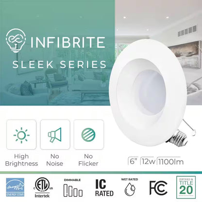 6 In. Wi-Fi Smart 12-Watt 1100 Lumens Thin Recessed Retrofit LED Sleek Series Light Kit/Google, Wet Rated (12-Pack)