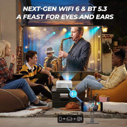Smart Projector with Wifi and Bluetooth, Proyector-4K Support Official Licensed Apps, 2000 ANSI/AI Auto Focus/50W Dolby/Hdr10+/Quiet,  Portable Indoor/Outdoor Movie Projector Ceiling