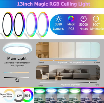 4Pack 13Inch Magic RGB Flush Mount Led Ceiling Light,34W 3400LM Dimmable with Remote Control 3000-6500K+RGB Color Changing Ceiling Light.Surface round Ceiling Lights for Bedroom Living Room (White)