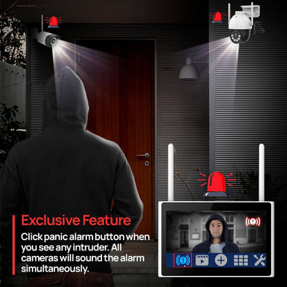 10CH Wifi6 NVR W/10.1 In. Monitor, 1TB Flash Drive and 3Mega Pixel Pan-Tilt Floodlight Cameras Audio Siren (4 Pan-Tilt)