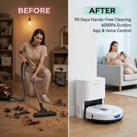 Robot Vacuum and Mop Combo, 6000Pa Robotic Vacuum with Mapping, Self-Emptying Station for 90 Days Hands-Free Cleaning, Lidar Navigation,Wi-Fi/App/Alexa Voice Control, for Carpets&Hard Floors — Before & After