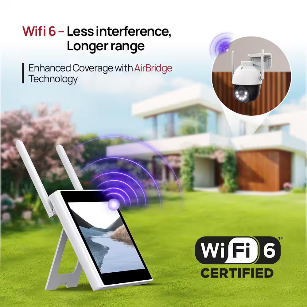 10CH Wifi6 NVR W/10.1 In. Monitor, 1TB Flash Drive and 3Mega Pixel Pan-Tilt Floodlight Cameras Audio Siren (4 Pan-Tilt)